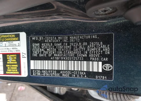 2012 Toyota Camry Se from USA, damaged, VIN 4T1BF1FKXCU125733